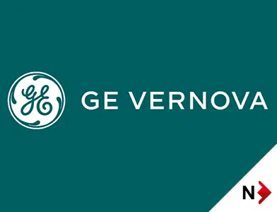 GE Vernova logo på grønn bakgrunn.